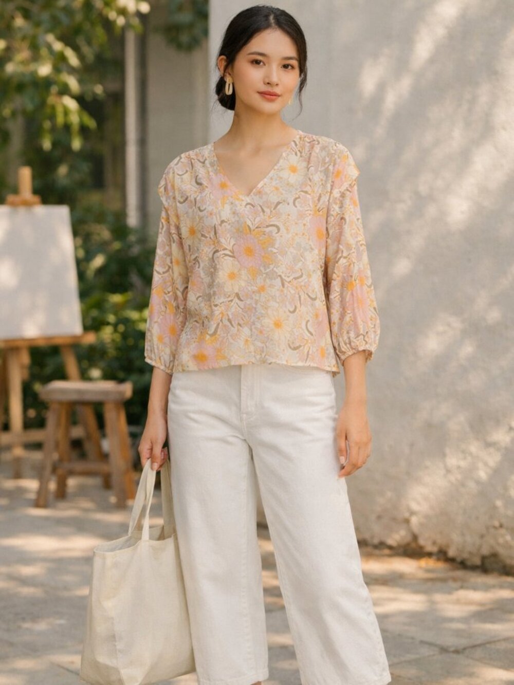a.n.a. Lightweight Elbow Length Sleeves Pastel Florals Lightweight Top/Blouse S